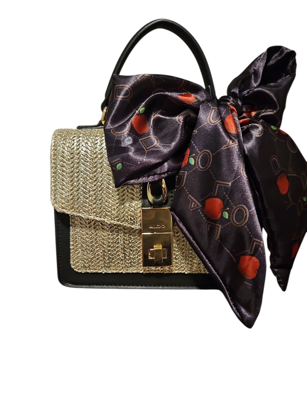 ALDO Black & Natural Straw Top-Handle Bag with Silk Bow